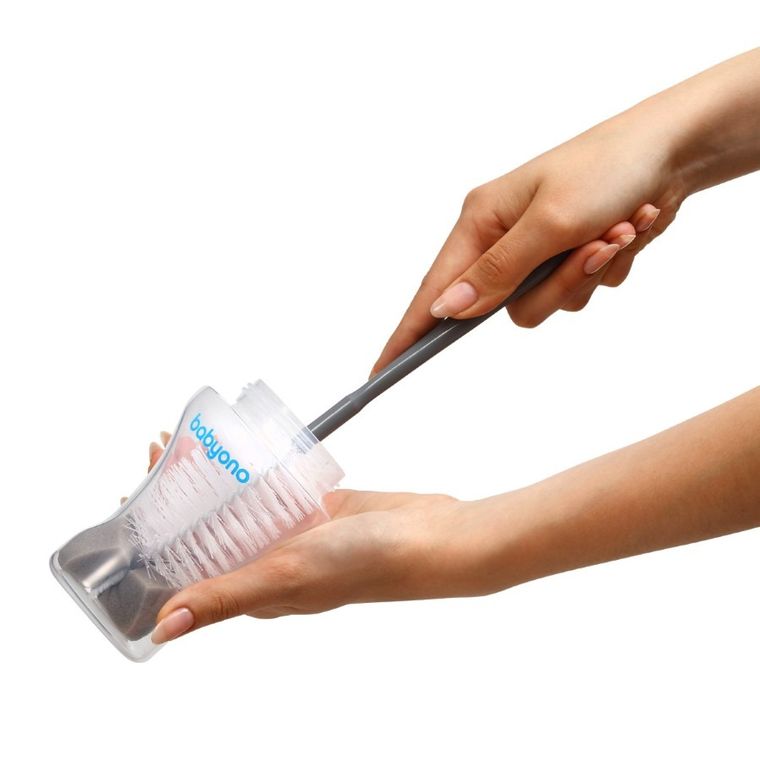 BabyOno, szczotka do butelek i smoczków z gąbką i mini szczoteczką, różowy