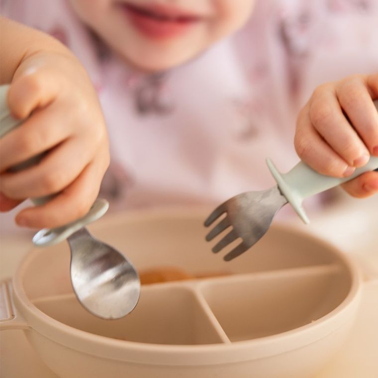 BabyOno, sztućce dla dzieci, stal nierdzewna, szałwiowy