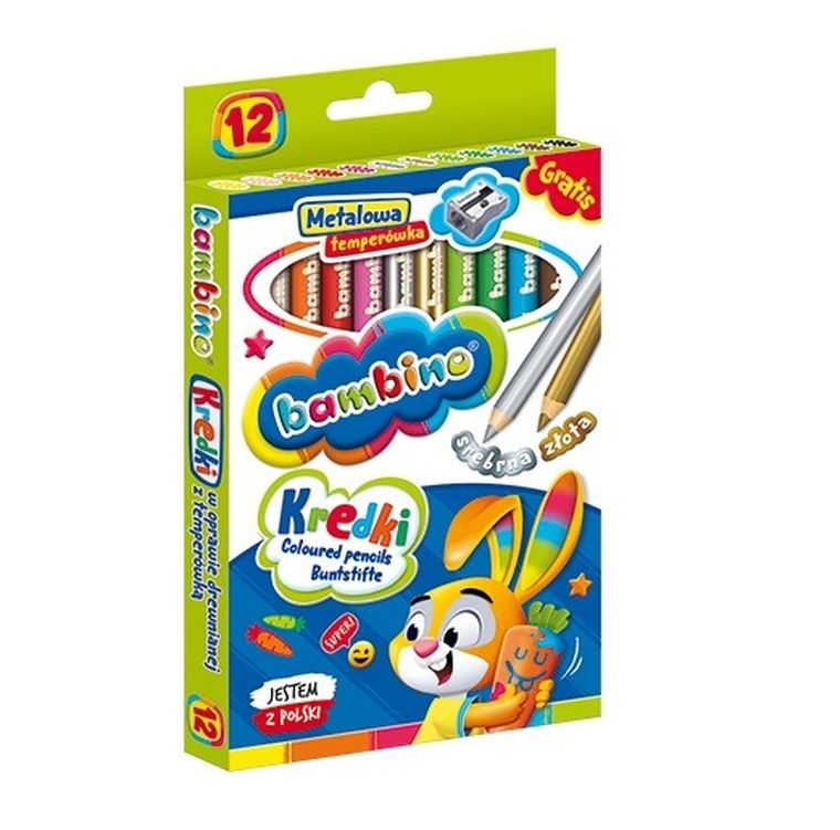 Bambino, kredki drewniane, temperówka, 12 kolorów