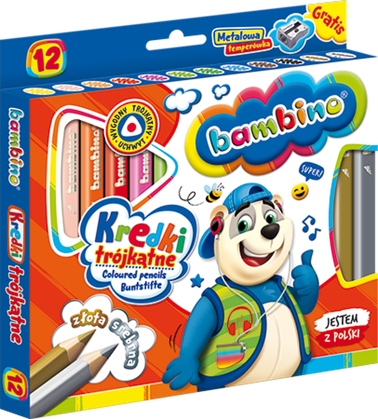 Bambino, kredki trójkątne z temperówką, 12 kolorów