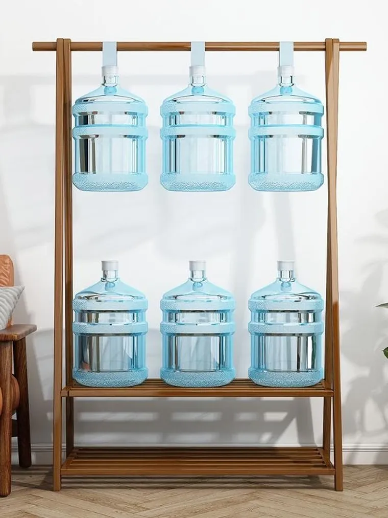 Bambusowy, wolnostojący, trapezowy, wieszak na ubrania z 2-poziomowymi półkami, długość 116 cm