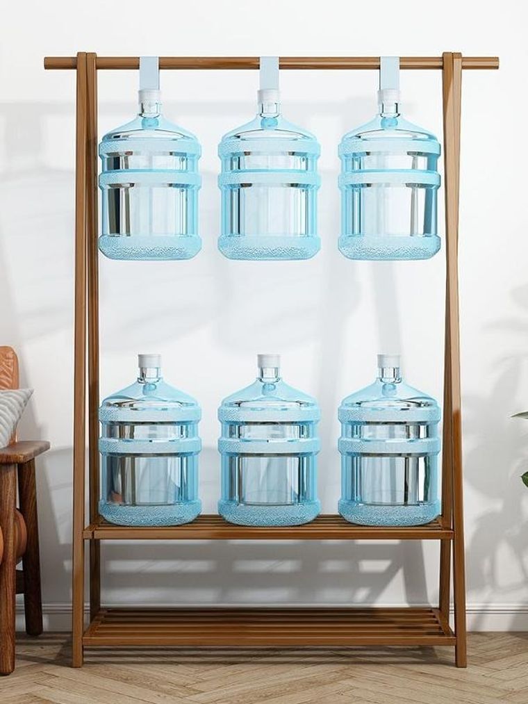 Bambusowy wolnostojący, trapezowy, wieszak na ubrania z 2-poziomowymi półkami, długość 86 cm