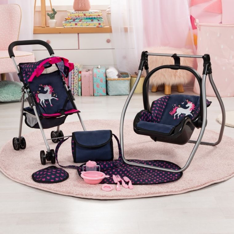 Bayer Design, Buggy, wózek spacerówka dla lalek, zestaw z kołyską, matą, torbą i akcesoriami, granatowo-różowy