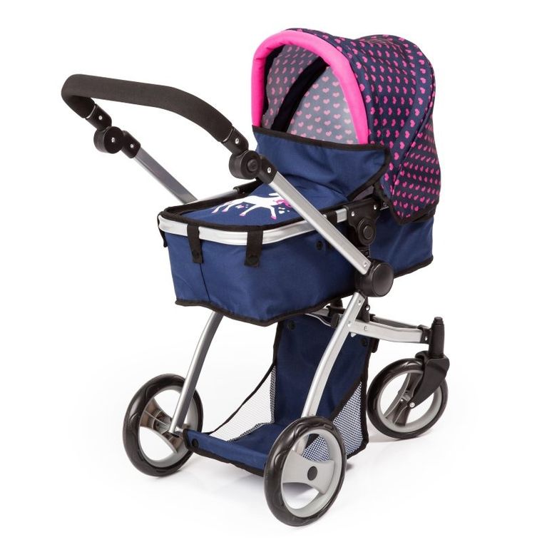 Bayer Design, Combi Grande Mega, głęboki wózek dla lalek, zestaw z łóżkiem turystycznym, nosidełkiem i akcesoriami, granatowo-różowy