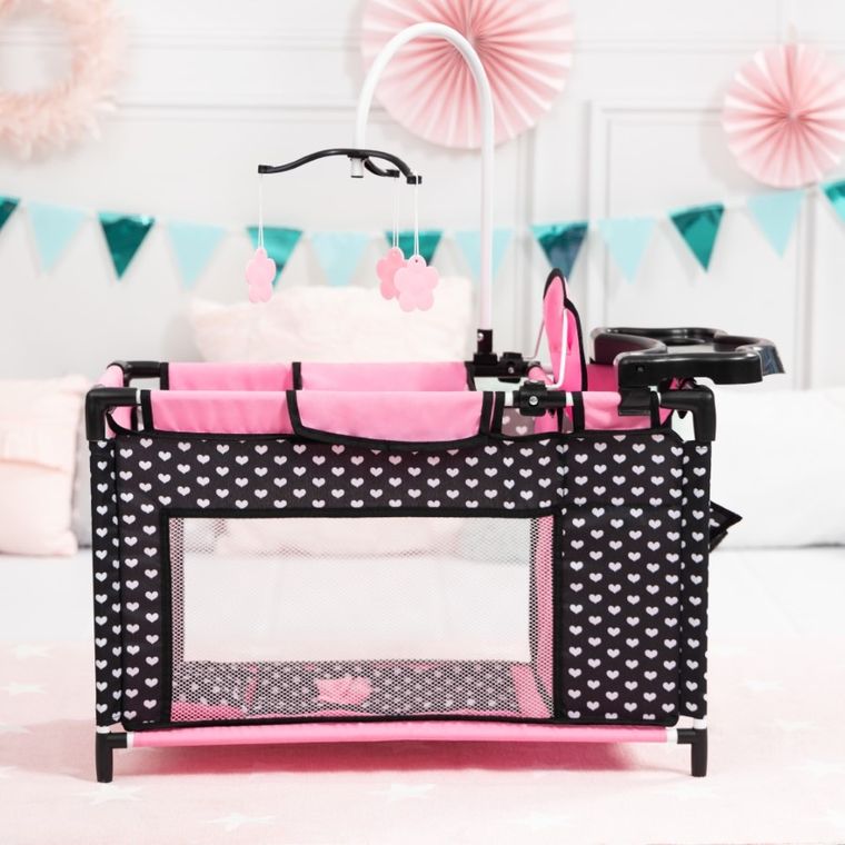 Bayer Design, łóżko turystyczne dla lalek z karuzelą, czarno-różowe