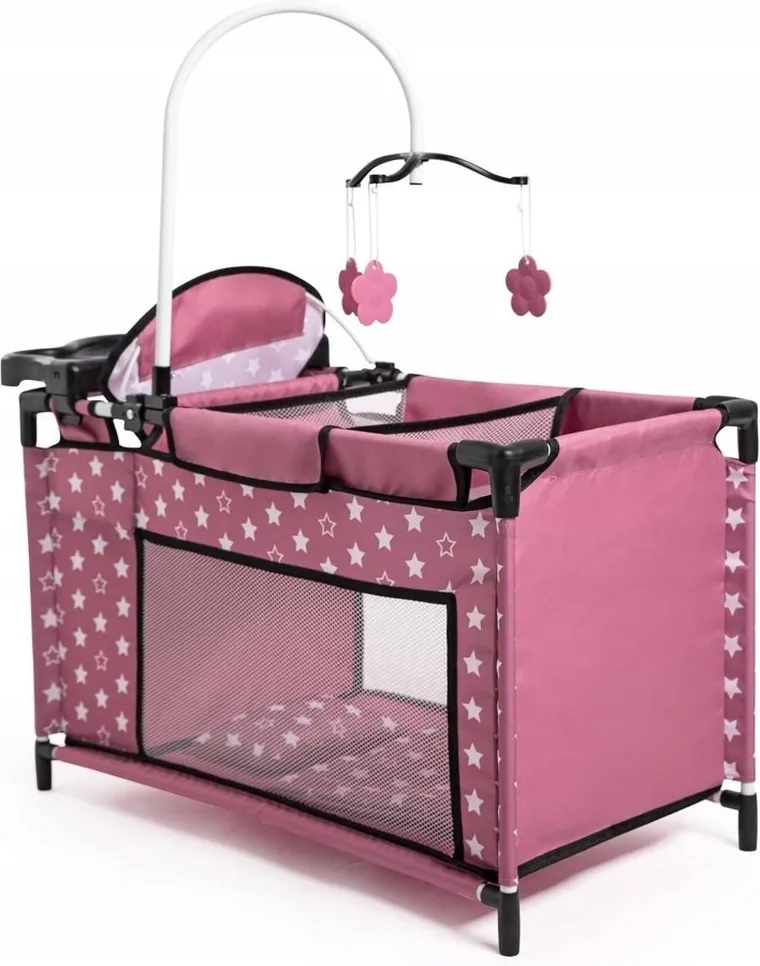 Bayer Design, łóżko turystyczne dla lalek z karuzelą, różowe w gwiazdki