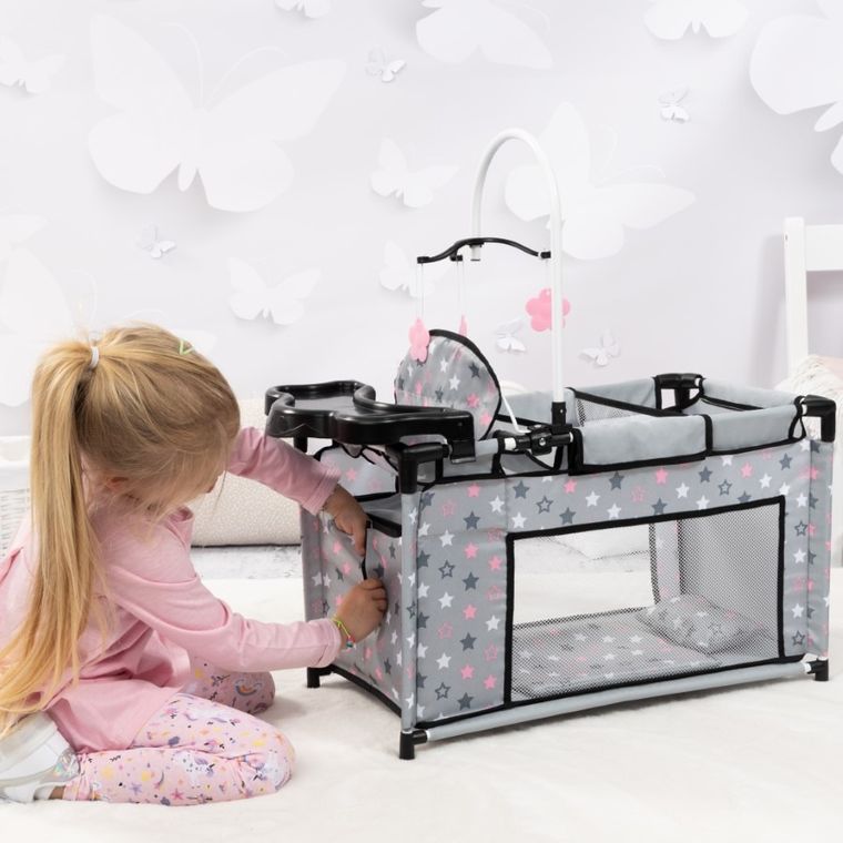 Bayer Design, łóżko turystyczne dla lalek z karuzelą, szaro-różowe