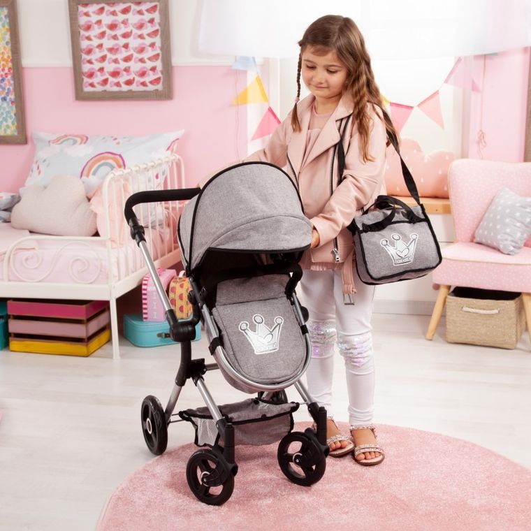 Bayer Design, Neo Vario Combi, głęboki wózek dla lalek z torbą, szary z koroną