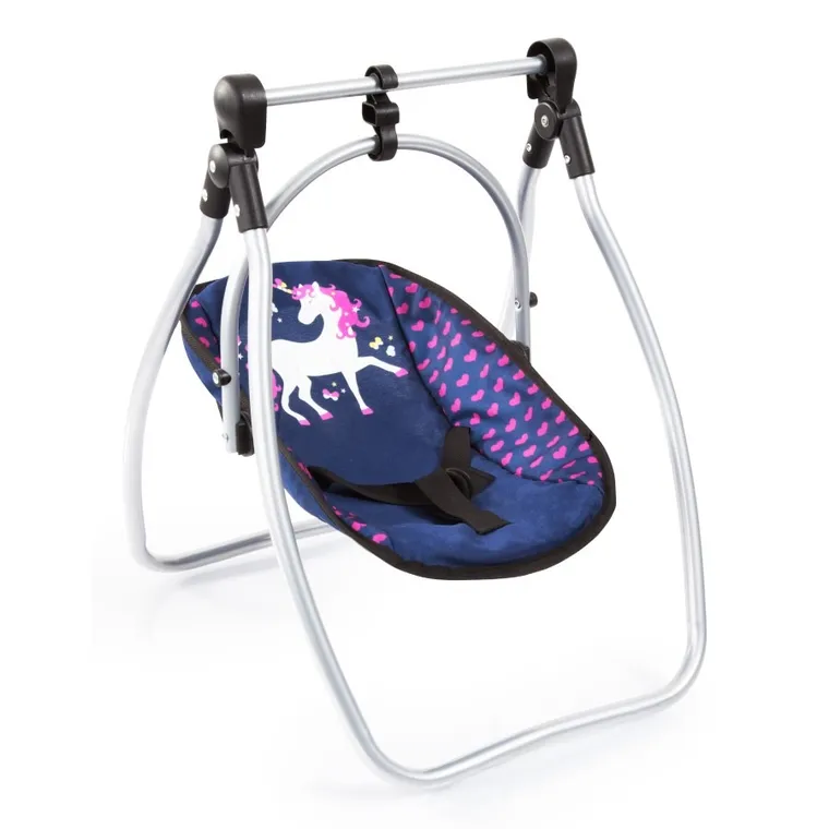 Bayer Design, Vario, krzesełko dla lalek 3w1, zestaw z nosidełkiem, torbą i akcesoriami, niebiesko-różowy z jednorożcem