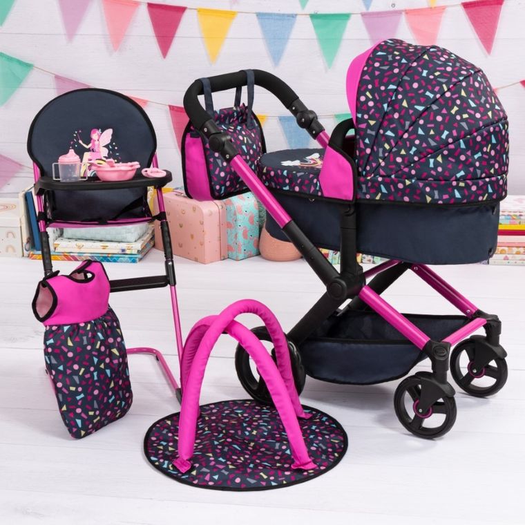Bayer Design, Xeo Combi, głęboki wózek dla lalek, zestaw z krzesełkiem, matą, torbą i akcesoriami, granatowo-różowy
