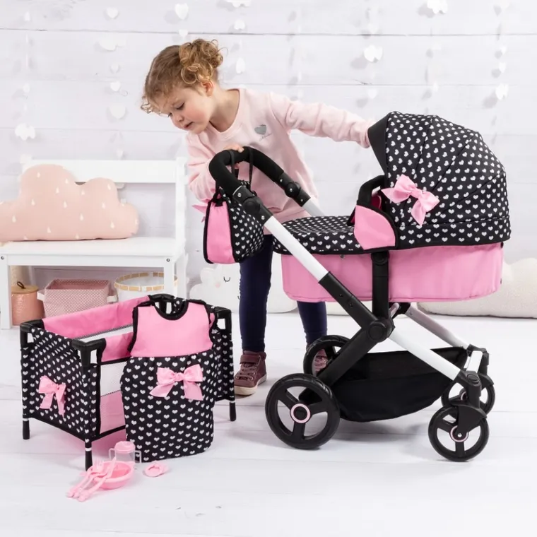 Bayer Design, Xeo Combi, głęboki wózek dla lalek, zestaw z łóżkiem turystycznym, torbą i akcesoriami, czarno-różowy
