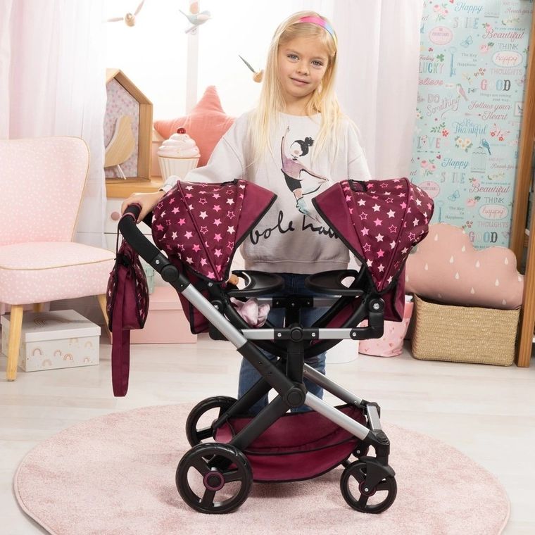 Bayer Design, Xeo Twin, bliźniaczy wózek dla lalek z torbą, bordo