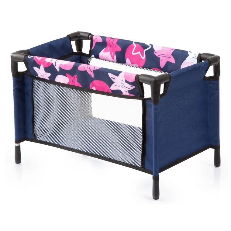 Bayer Design, zestaw podróżny dla lalek: łóżeczko turystyczne, krzesełko do karmienia, mata, torba, akcesoria, granaowy w gwiazdy