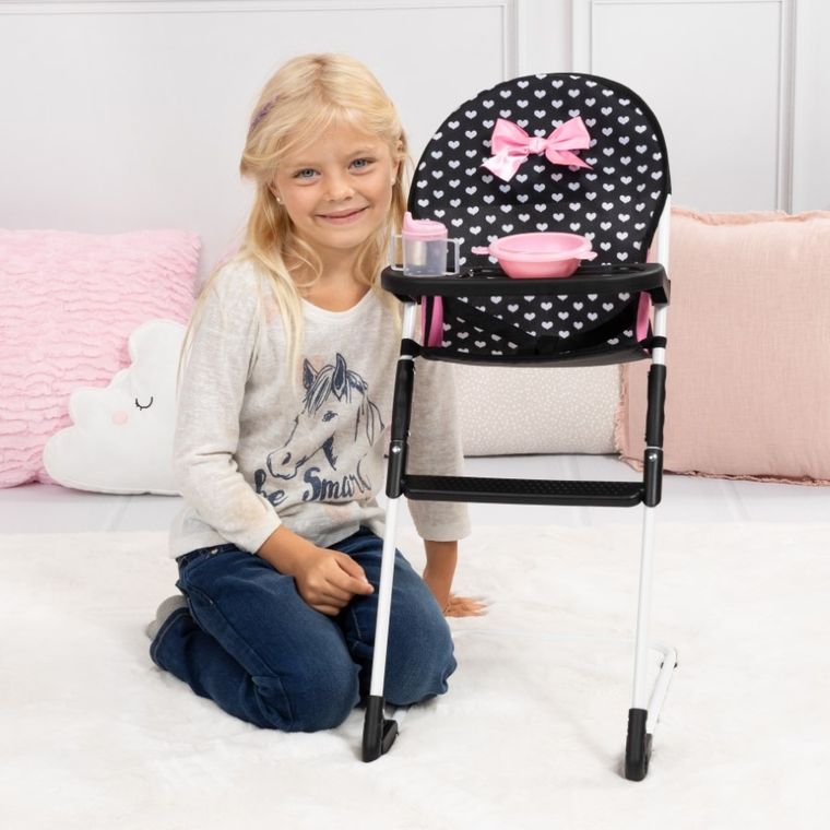 Bayer Design, zestaw podróżny dla lalek: łóżeczko turystyczne, krzesełko do karmienia, mata, torba, akcesoria, czarno-różowy