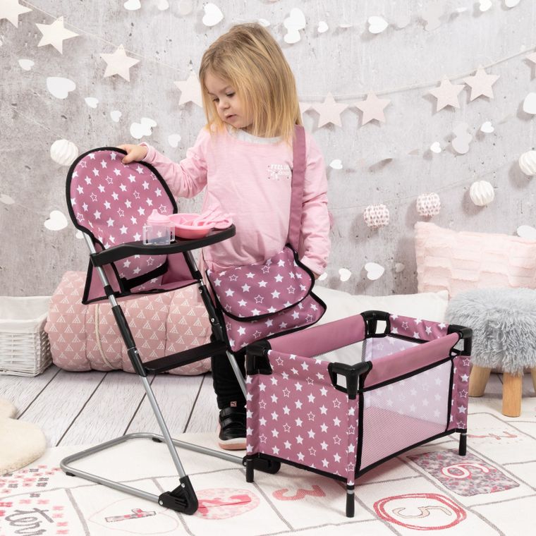 Bayer Design, zestaw podróżny dla lalek: łóżeczko turystyczne, krzesełko do karmienia, torba, akcesoria, 9w1, różowy