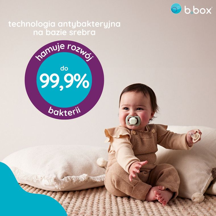 b.box, Glow in the dark, smoczek symetryczny, 6m+, błękit/szałwia, 2 szt.