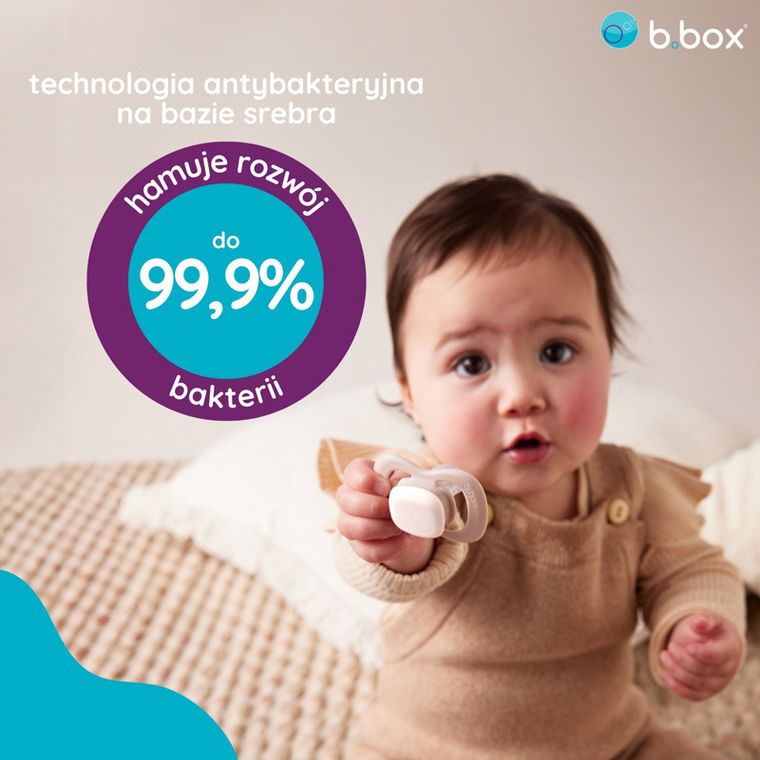 b.box, Glow in the dark, smoczek symetryczny, 6m+, róż/latte, 2 szt.