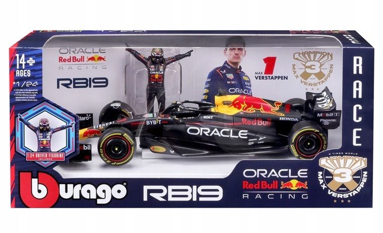 Bburago, Red Bull RB 19 figurka Max Verstappen, Bolid F1, model pojazdu, 1:24