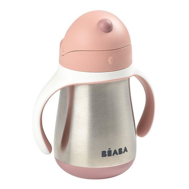 Beaba, butelka, kubek niekapek, stalowa, ze słomką, old pink, 250 ml