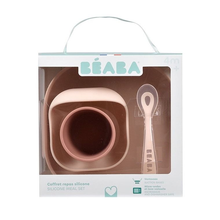 Beaba, komplet naczyń z silikonu z przyssawką, cotton candy