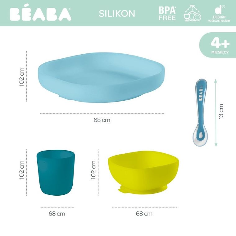 Beaba, komplet naczyń z silikonu z przyssawką, niebieski
