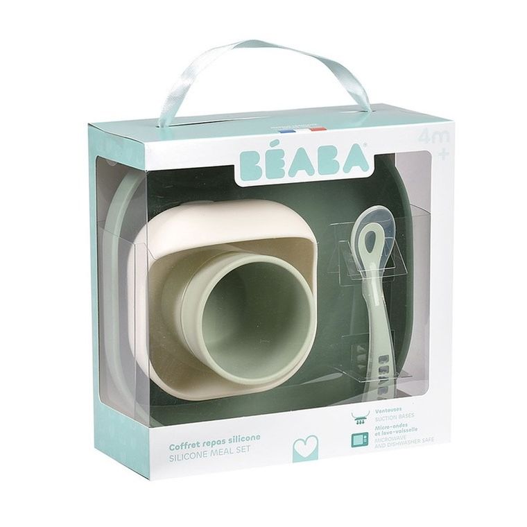 Beaba, komplet naczyń z silikonu z przyssawką, sage green