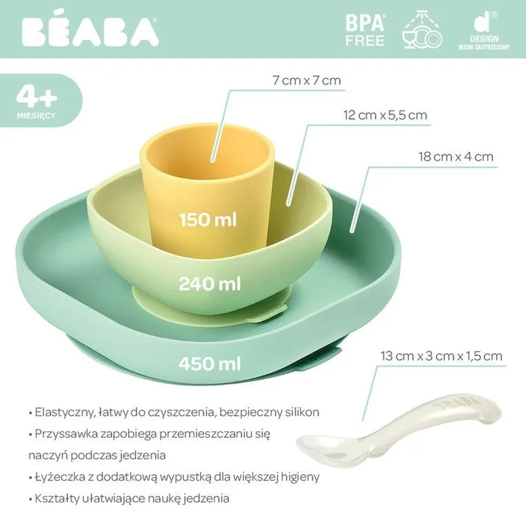 Beaba, komplet naczyń z silikonu, z przyssawką, yellow