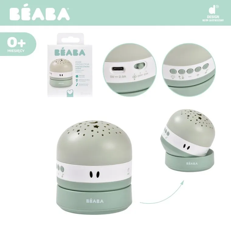Beaba, Pixie, projektor gwiazd z pozytywką i czujnikiem płaczu, sage green