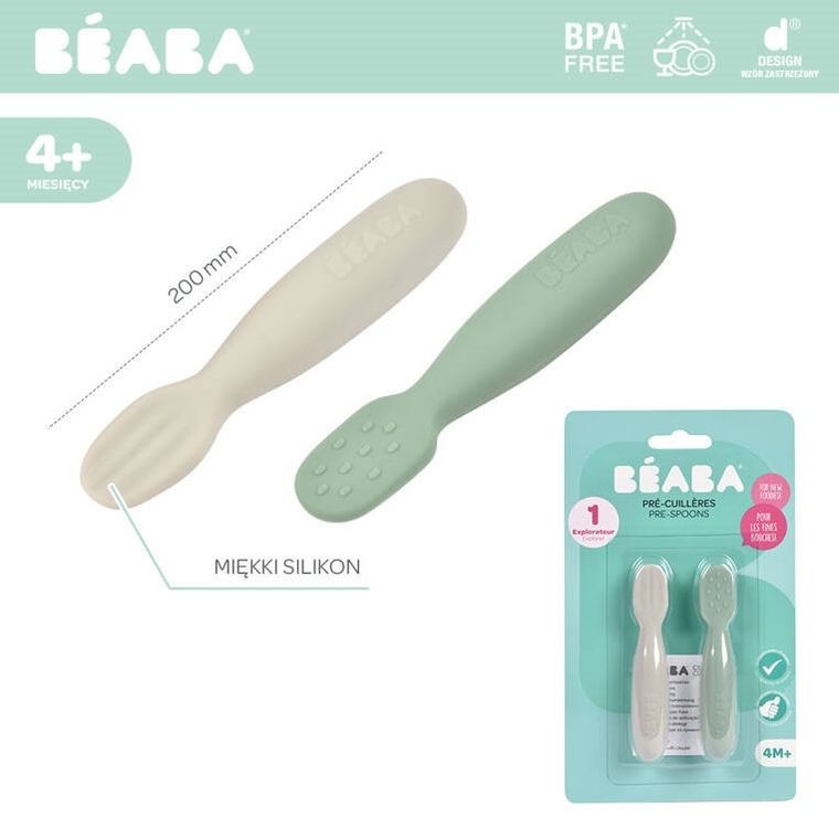 Beaba, silikonowe łyżeczki, gryzak, szałwiowa zieleń, szary, 2 szt.