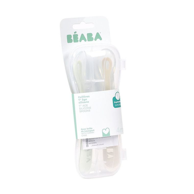 Beaba, zestaw łyżeczek silikonowych w podróżnym etui, Clay/Misty Green, 4 m+, 2 szt.