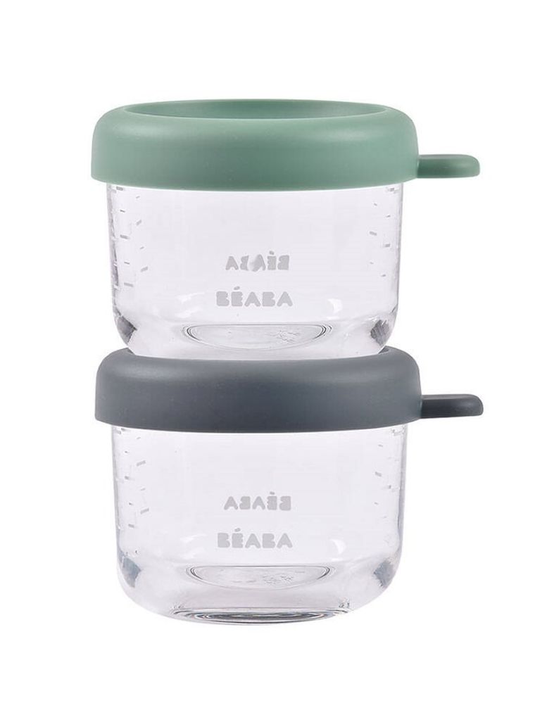 Beaba, zestaw pojemników słoiczków szklanych z zamknięciem, mineral/sage green, 150 ml, 2 szt.