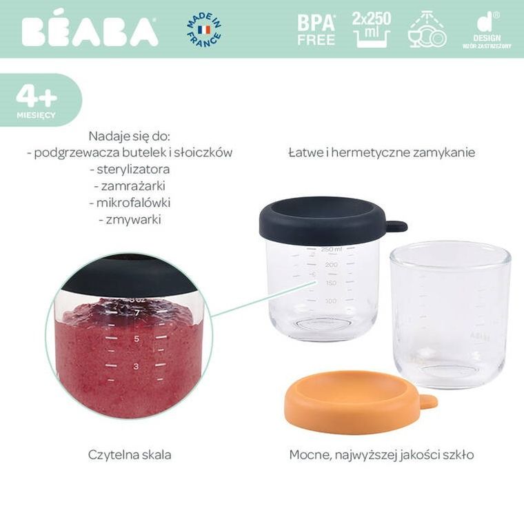 Beaba, zestaw słoiczków szklanych z zamknięciem, Night Blue/Honey, 2-250 ml