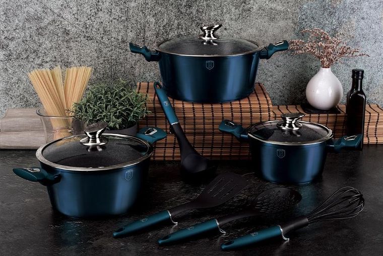 Berlinger Haus, Aquamarine, zestaw: garnki granitowe z pokrywą + patelnie + akcesoria, 10 elementów