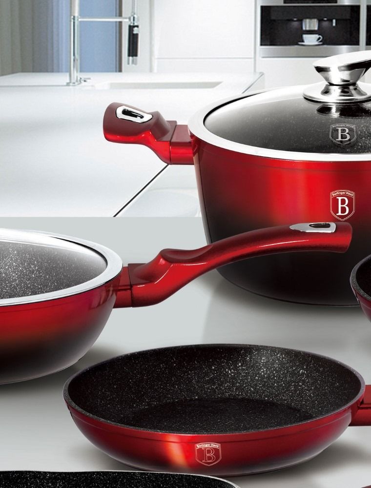 Berlinger Haus, Black-Burgundy, zestaw: garnki z pokrywą + patelnie + akcesoria, 15 elementów