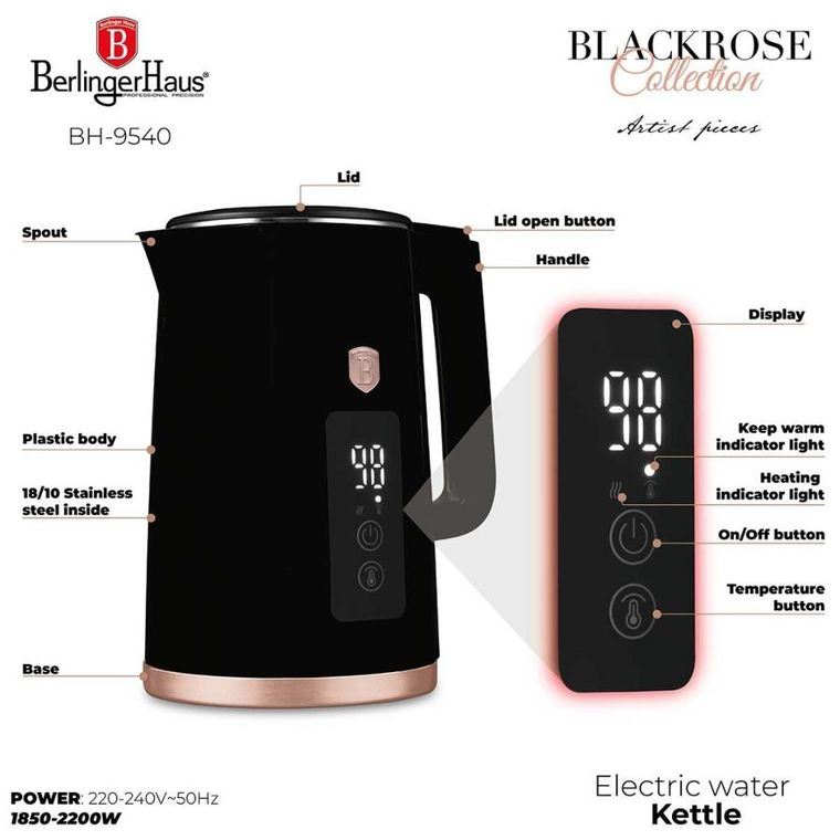 Berlinger Haus, Black Rose, zestaw: czajnik elektryczny i toster cyfrowy, BH-9540