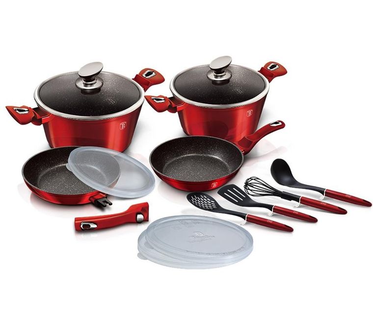 Berlinger Haus, Burgundy, zestaw: garnki granitowe z pokrywą + patelnie + akcesoria, 13 elementów