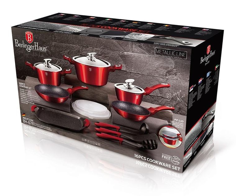 Berlinger Haus, Burgundy, zestaw: garnki granitowe z pokrywą + patelnie + akcesoria, 16 elementów