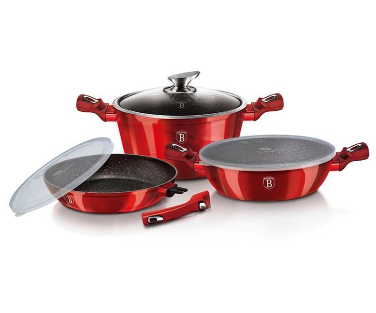 Berlinger Haus, Burgundy, zestaw: garnki granitowe z pokrywą + patelnie, 6 elementów