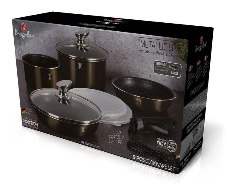Berlinger Haus, Shiny Black, zestaw: garnki granitowe z pokrywą + patelnie, 9 elementów