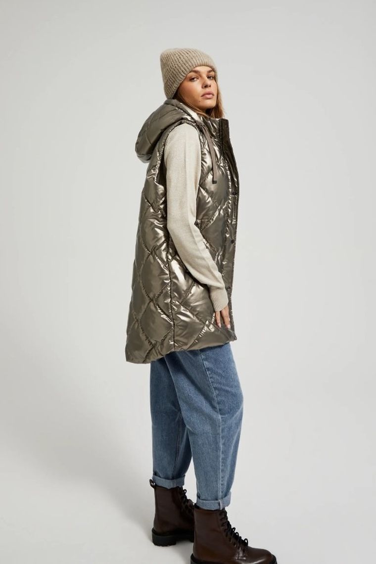 Bezrękawnik damski z kapturem, beżowy, Moodo