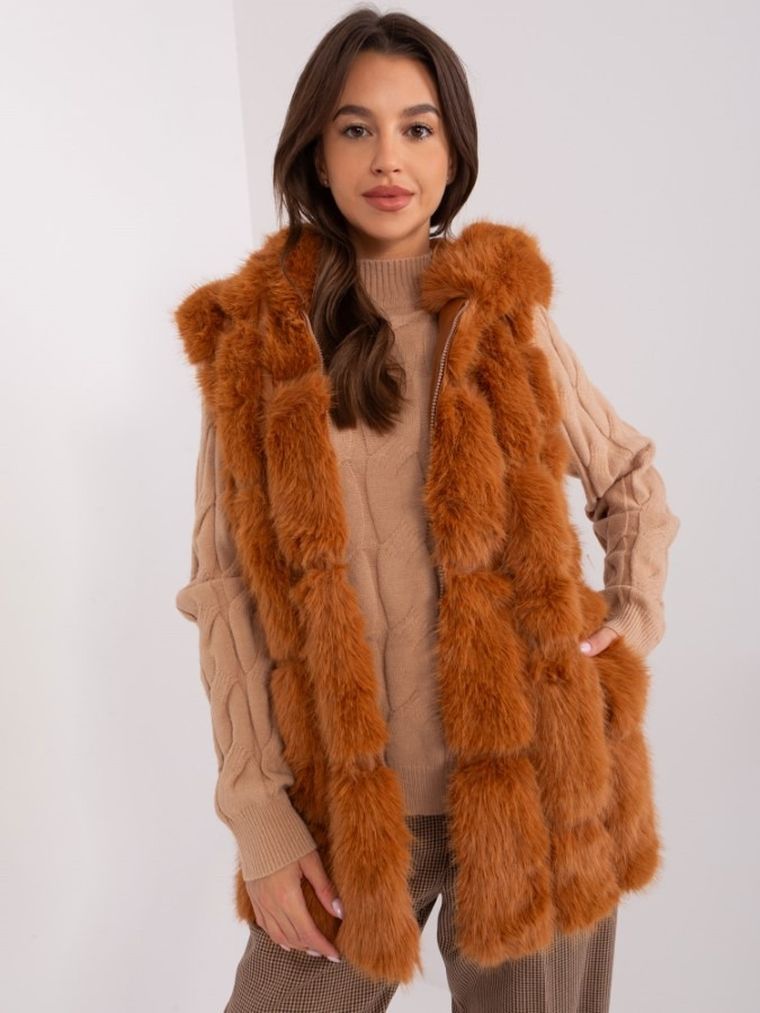 Bezrękawnik damski z kapturem, brązowy, Italy Moda