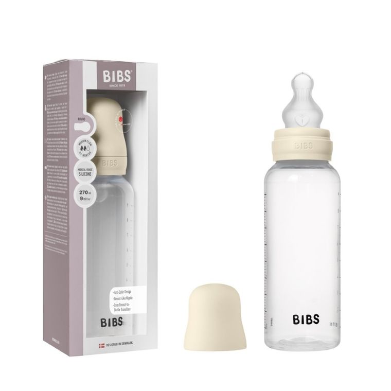 Bibs, zestaw: butelka antykolkowa dla niemowląt, Ivory, 270 ml + smoczek do karmienia o średnim przepływie, silikonowy