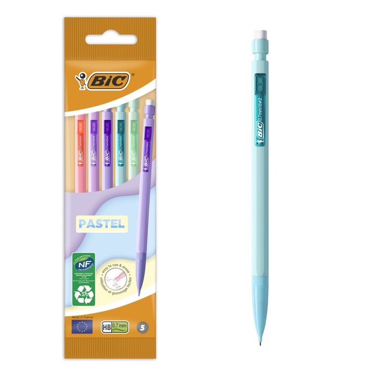 Bic, Matic, ołówkik automatyczne z gumką, HB, Pastel, 0,7 mm, 5 szt.