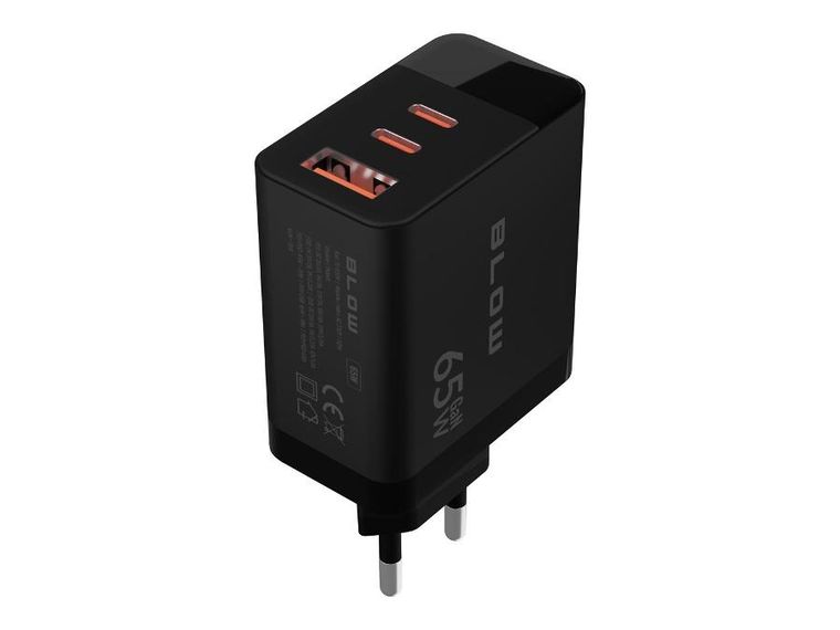 Blow, ładowarka sieciowa LCD, USB + USB-CX2, PD, 65W, GAN, watomierz, czarna