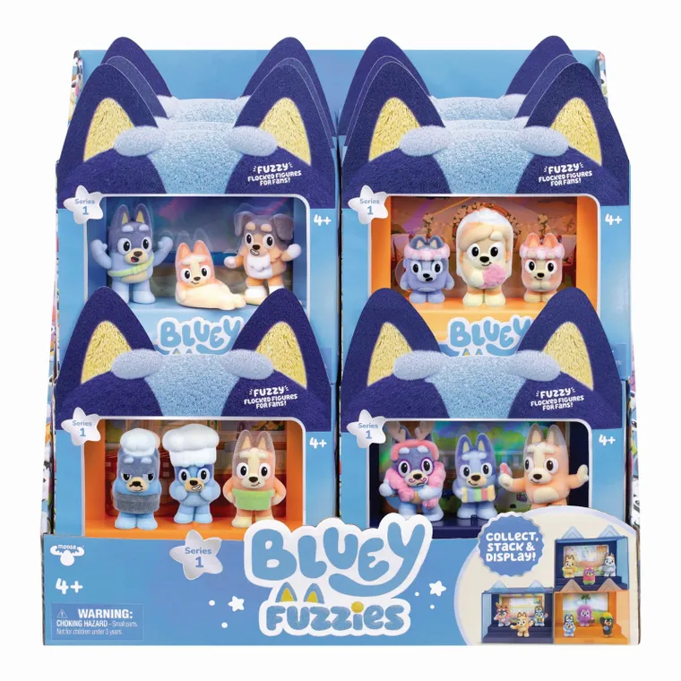 Bluey, Fuzzies, figurki flokowane z gablotką, 3 szt.