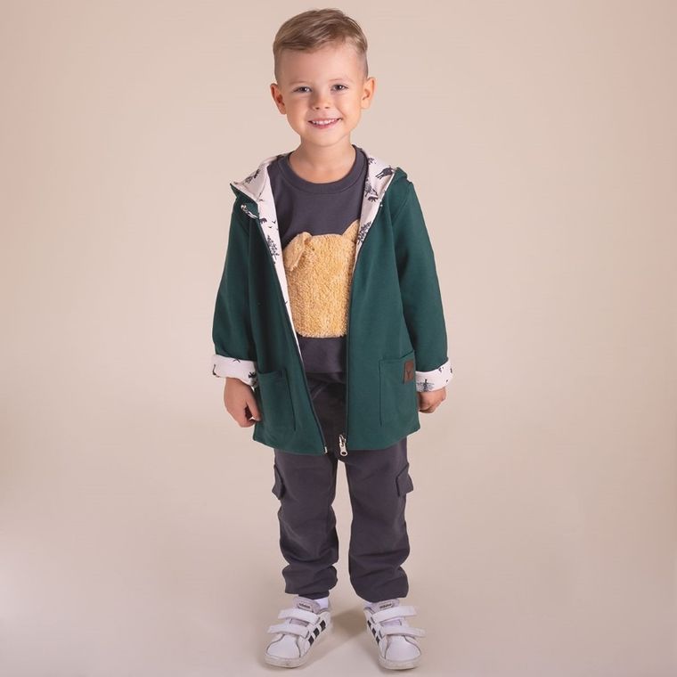 Bluza chłopięca z kapturem, rozpinana, dwustronna, beżowo-zielona, Nicol