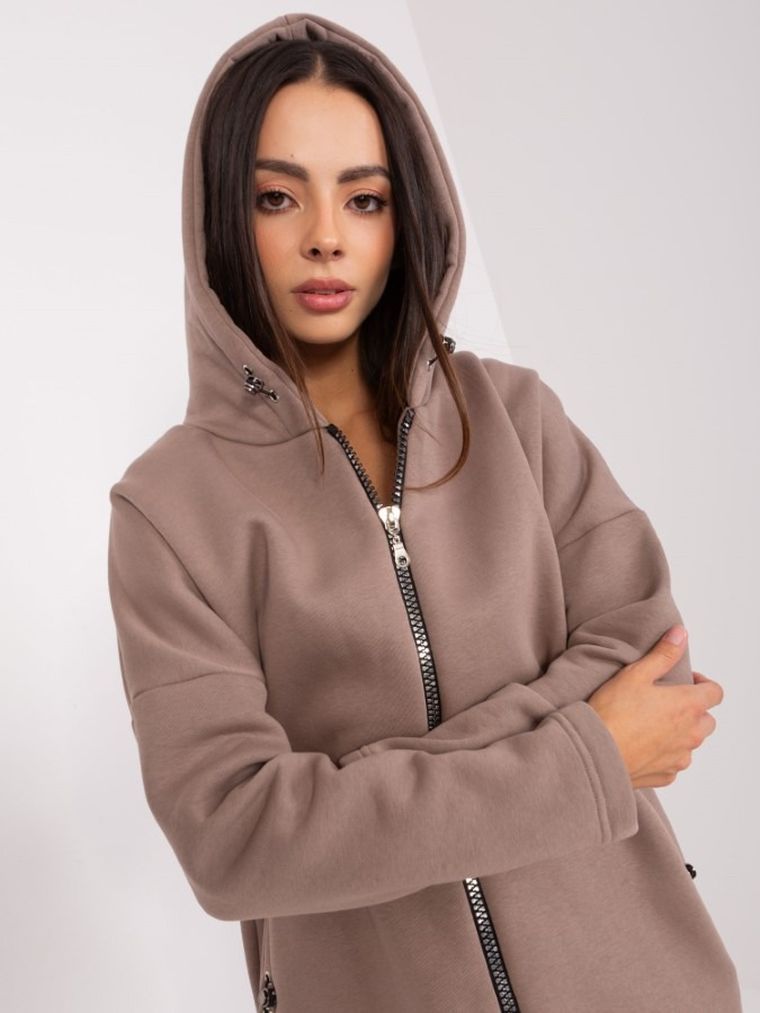 Bluza damska z kapturem, rozpinana, beżowa, Rue Paris