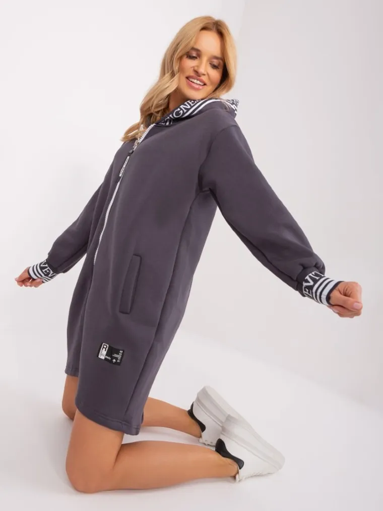 Bluza damska z kapturem, rozpinana, grafitowa, Relevance