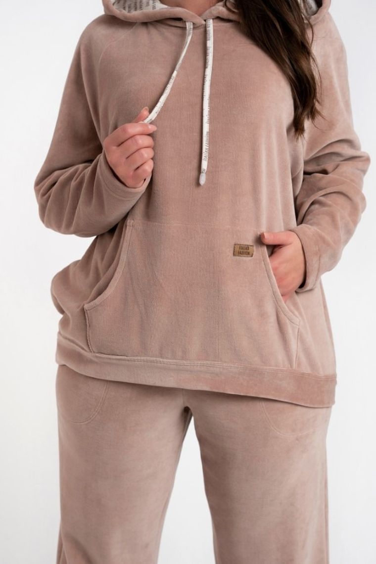 Bluza damska z kapturem, welurowa, beżowa, Oliw, Italian Fashion