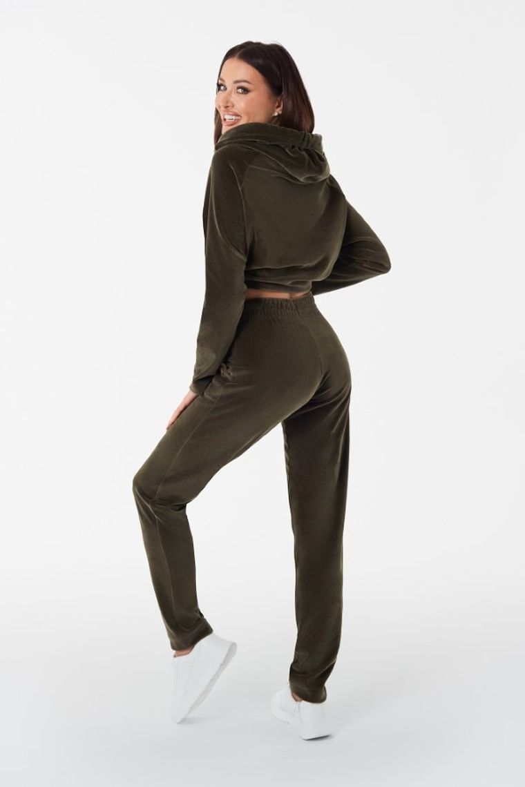 Bluza damska z kapturem, welurowa, zielona, Oliw, Italian Fashion